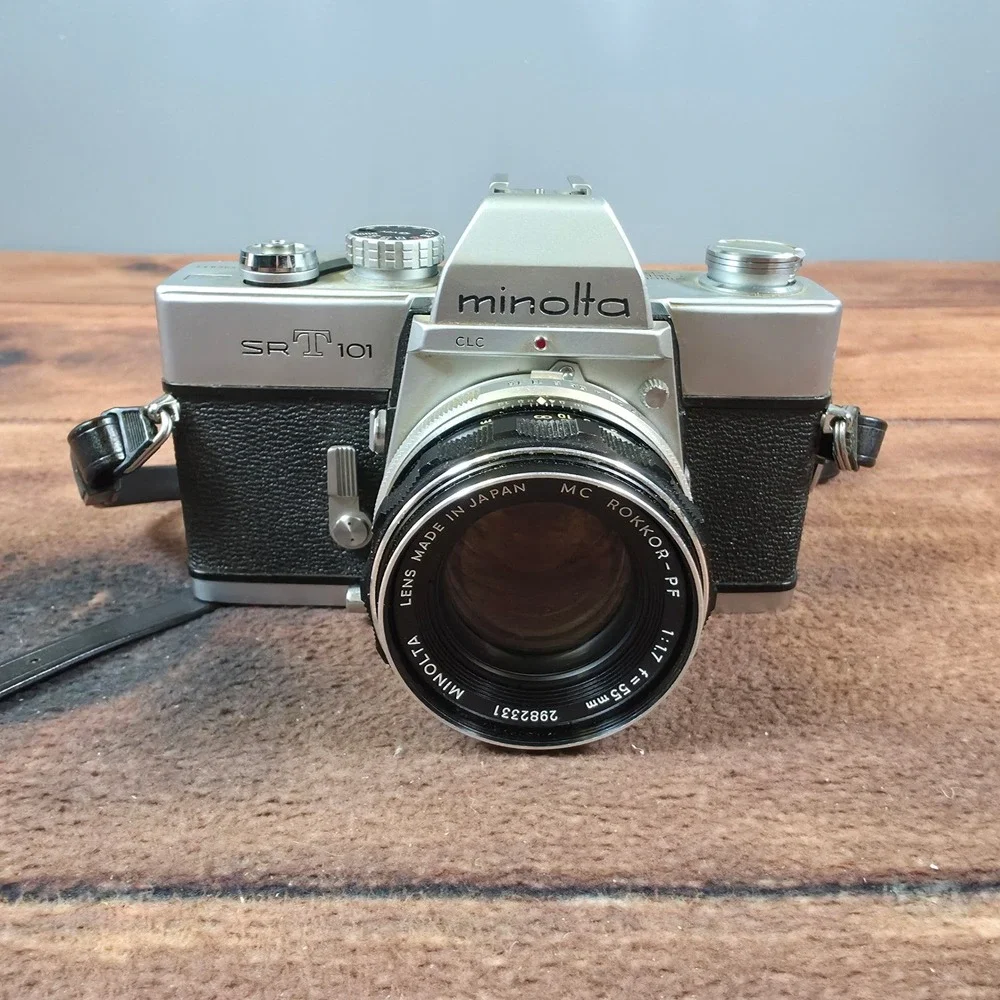 Minolta SRT 101 Film Camera Kit Silver Good 55mm 135mm Lenses Flash Case Manual
